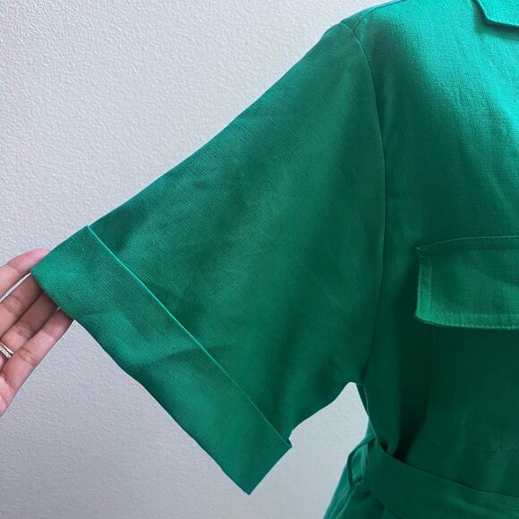 MATTHEW BRUCH Linen Button Front Safari Dress in Kelly Green Belted Women's 4 - Picture 7 of 11